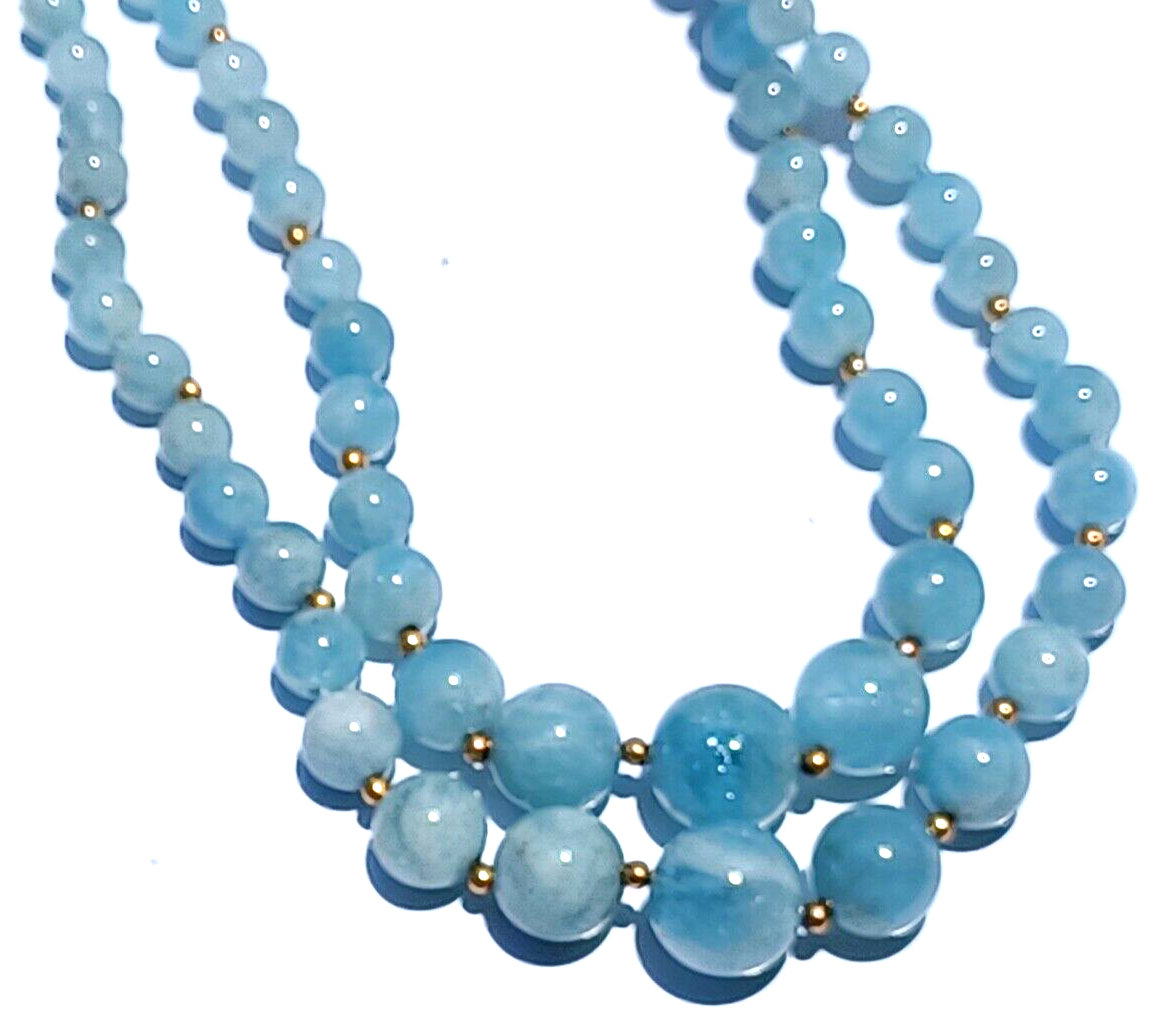 Antique Graduating Double Strand Aquamarine Crystal & 14K Gold Bead Necklace image 3