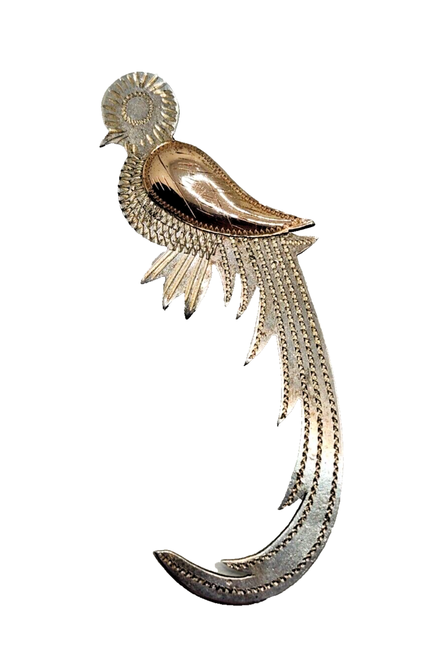 Vintage Guatemala 900 Sterling Silver & Gold Quetzal Tropical Bird Brooch Pin image 1