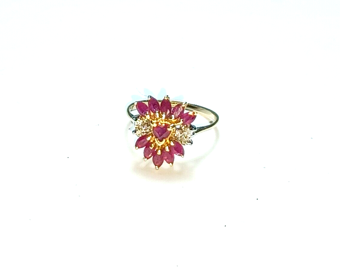 Natural Ruby & Diamond Cluster 14k Yellow Gold Ring image 0