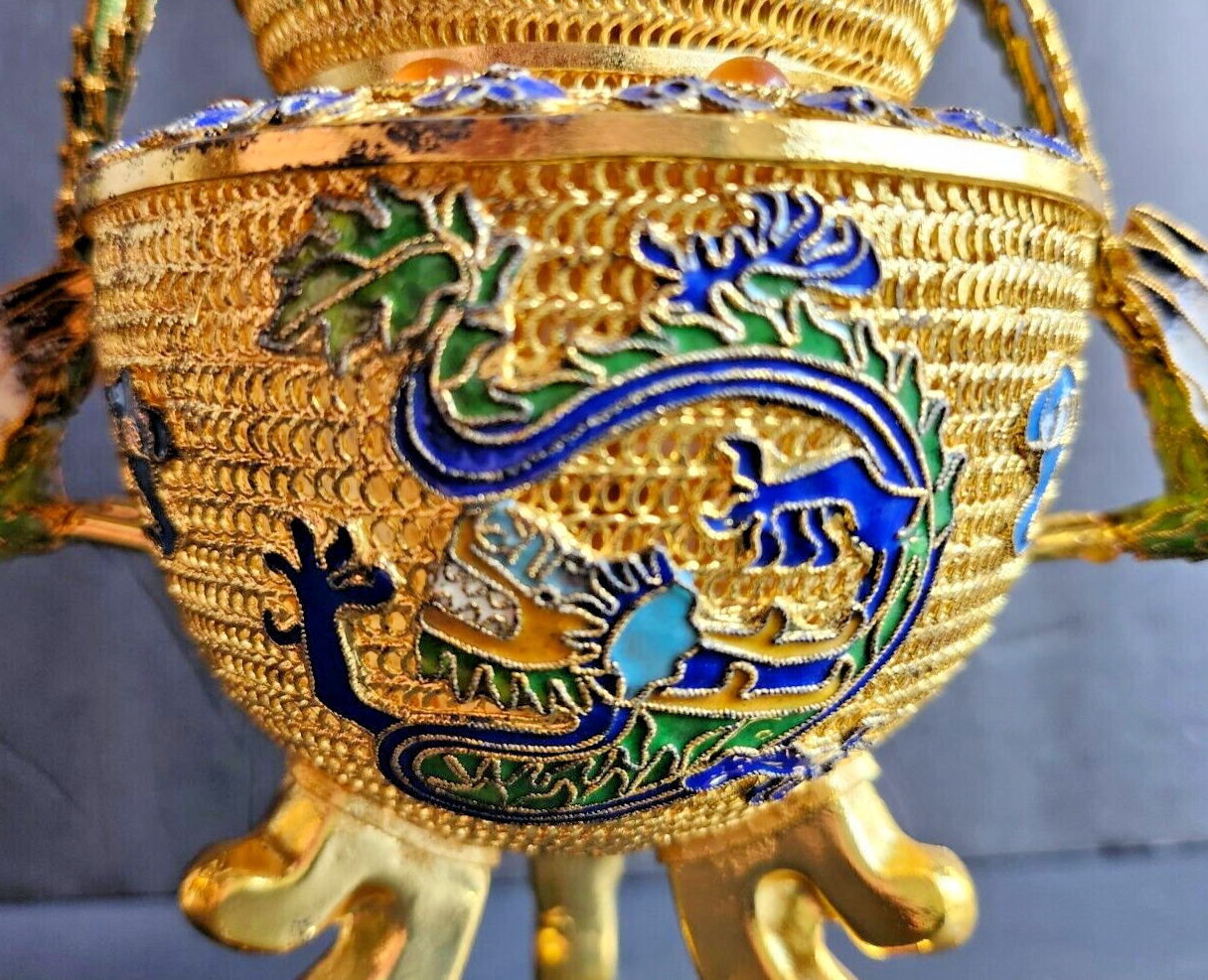 Vintage Gold Filigree & Enamel Chinese Incense Burner image 1