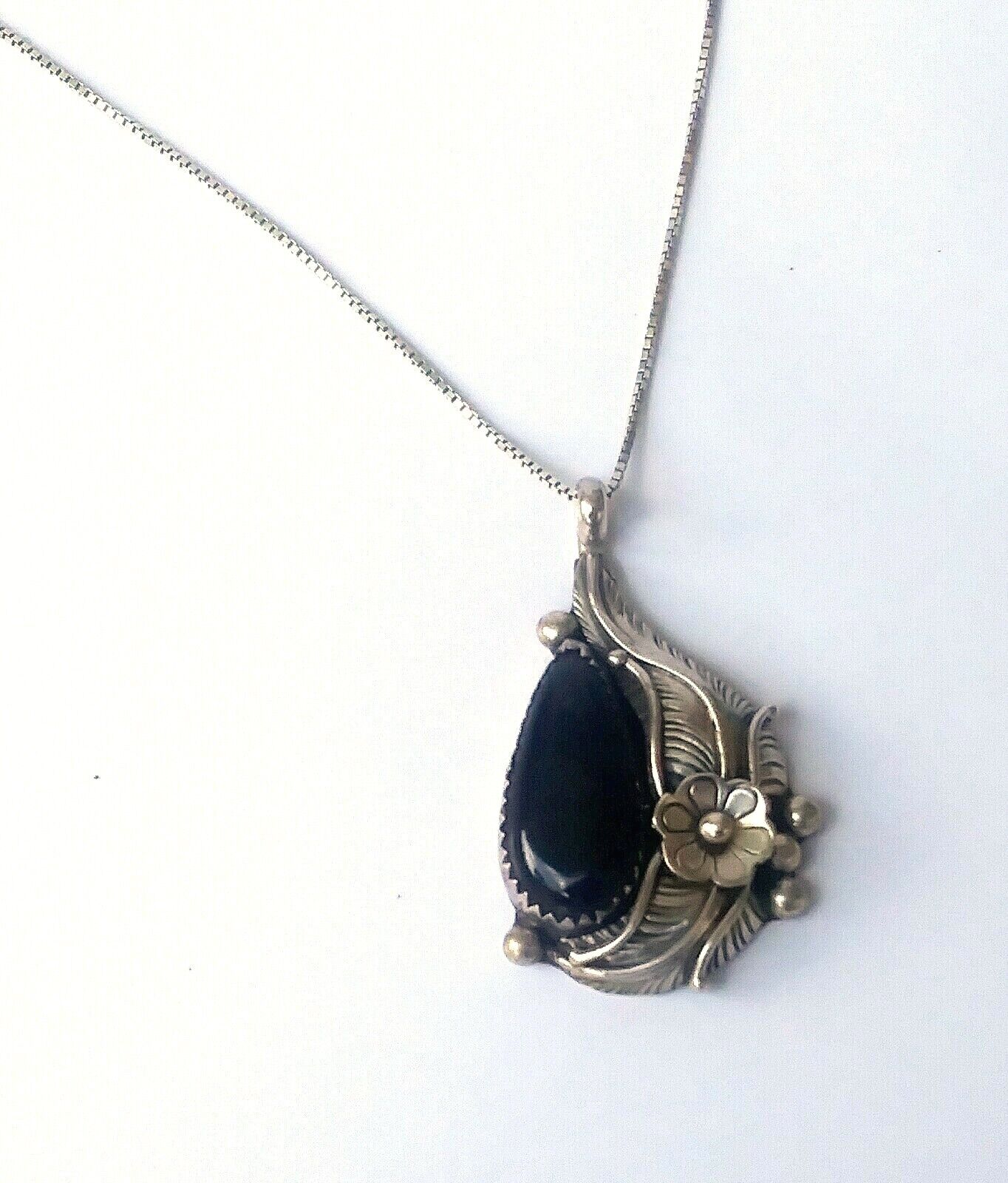 Native American Signed Sterling SIlver & Onyx Pendant with Necklace CC image 4