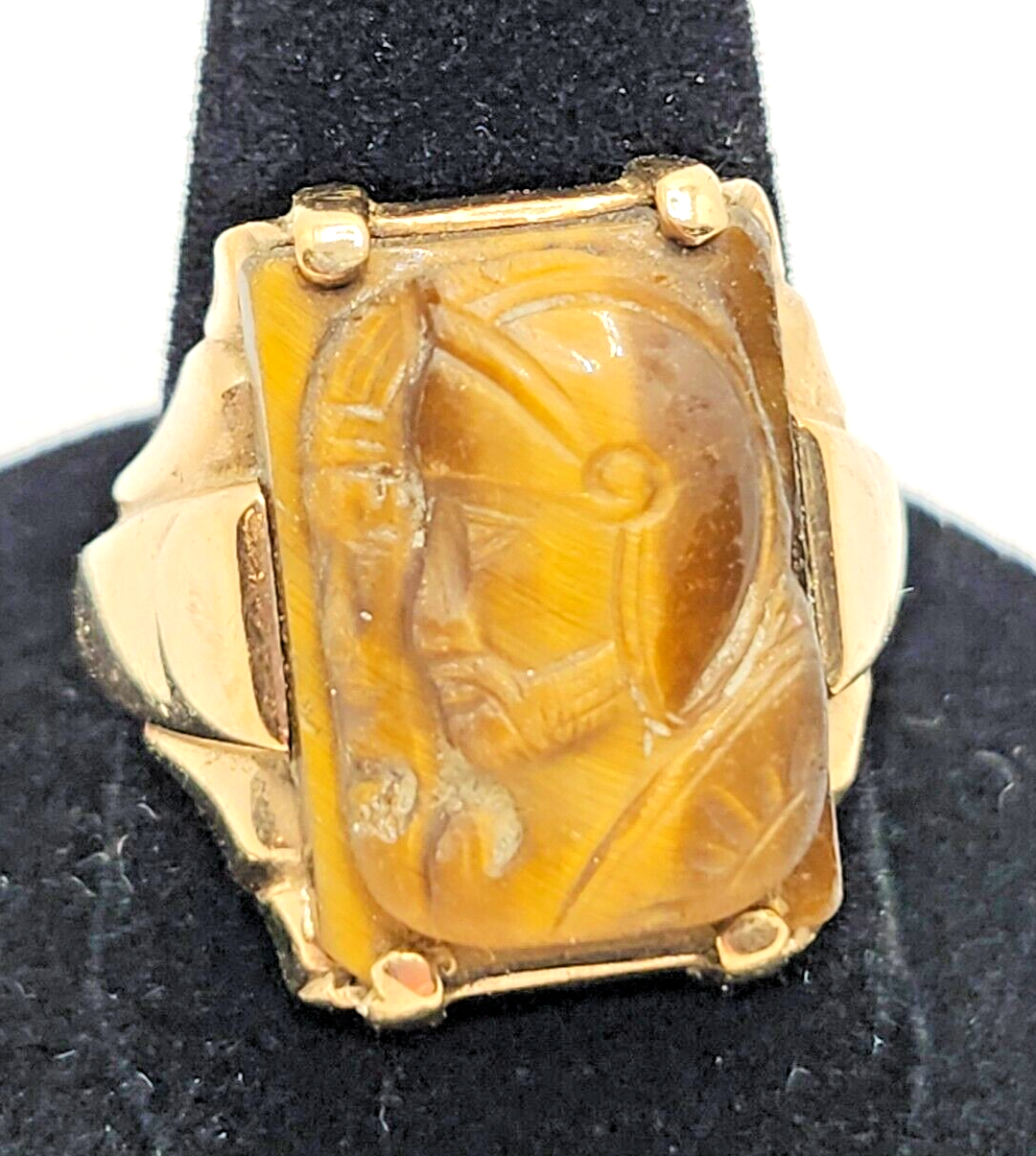Men's Antique Carved Tigers Eye Intaglio 10K Yellow Gold Ring image 2