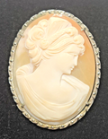 Large Antique Victorian Sterling Silver Marcasite & Shell Cameo Brooch Pendant image 0