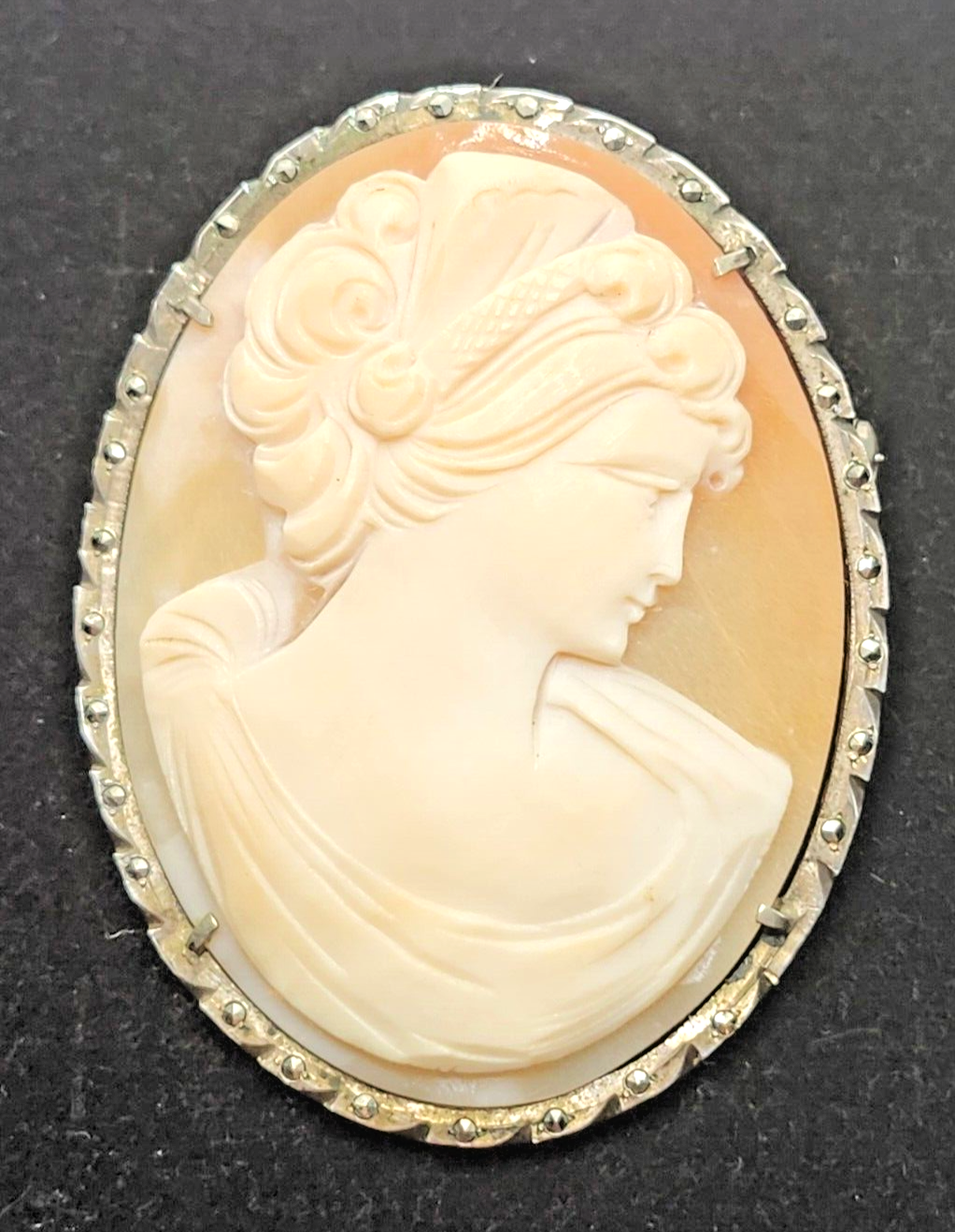 Large Antique Victorian Sterling Silver Marcasite & Shell Cameo Brooch Pendant image 0