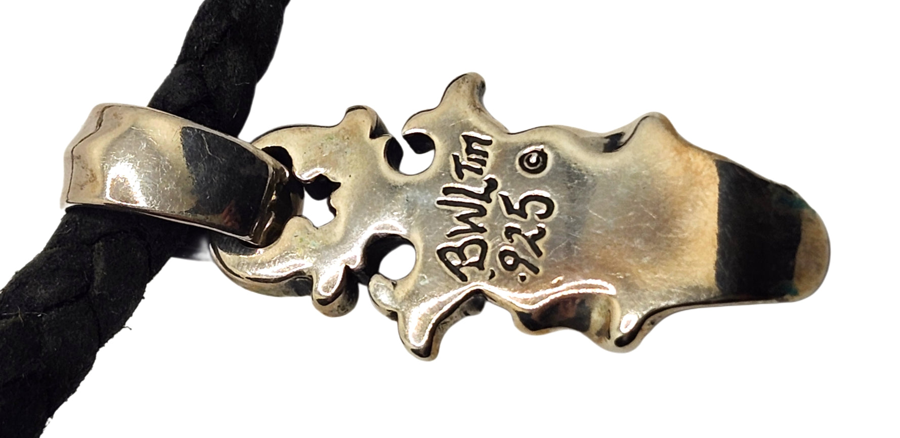 BWL Bill Wall Leather Sterling Large Skull w/ Crown Pendant on Braided Necklace image 4