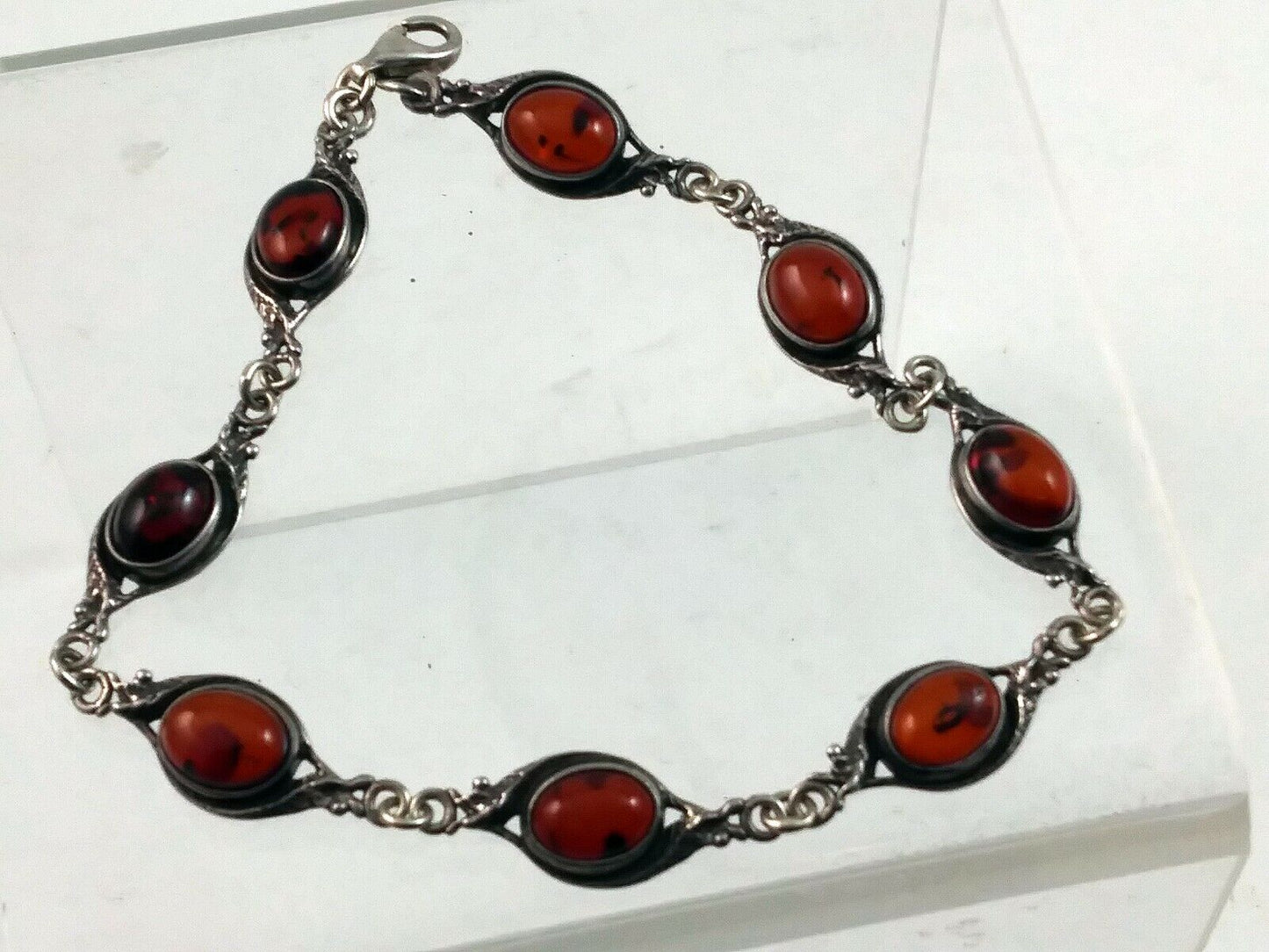 Vintage Sterling Silver & Dark Amber Link Tennis Bracelet 8" Long image 3