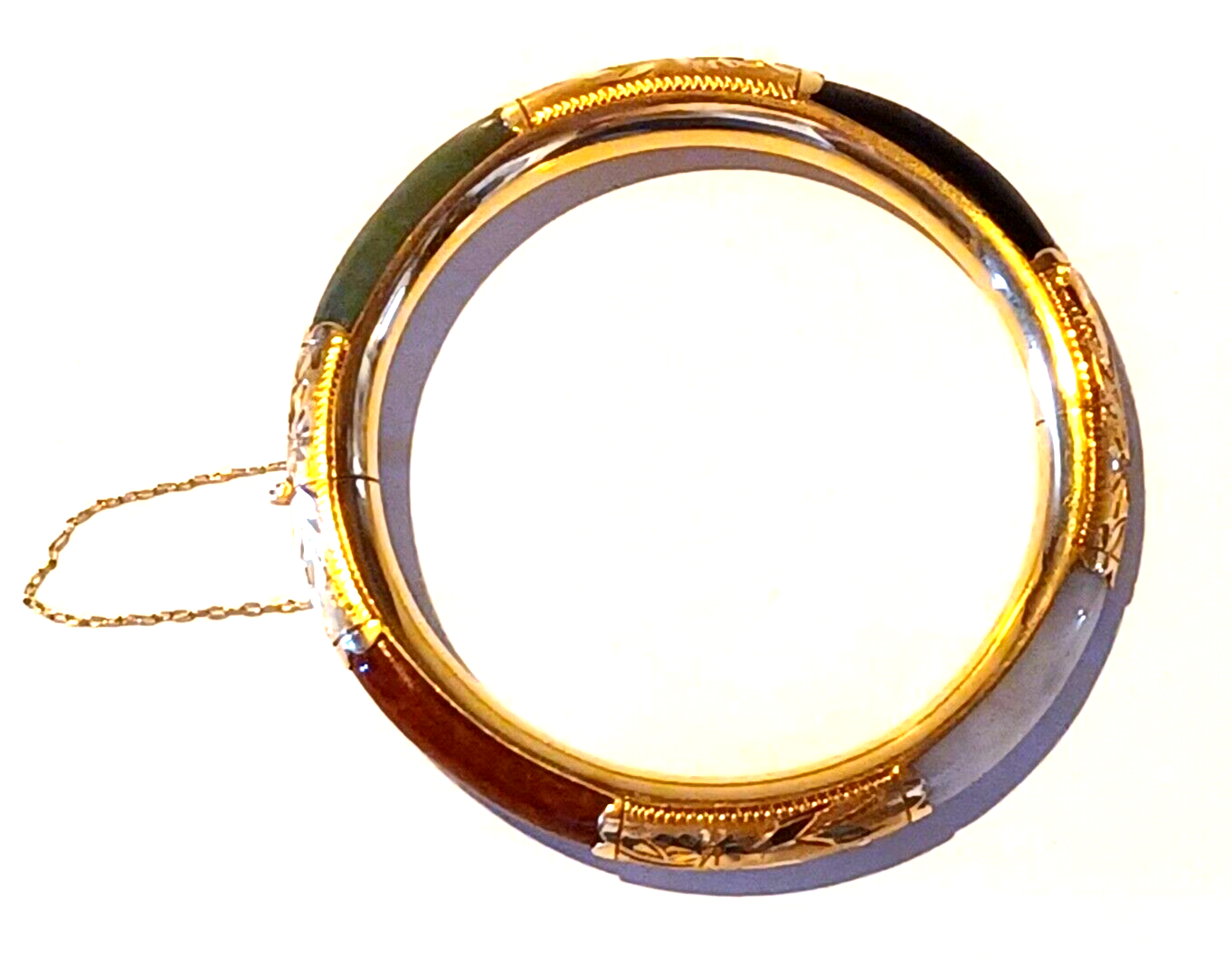 Antique 14K Yellow Gold Red, Green, White & Black Jade Bangle Bracelet image 3