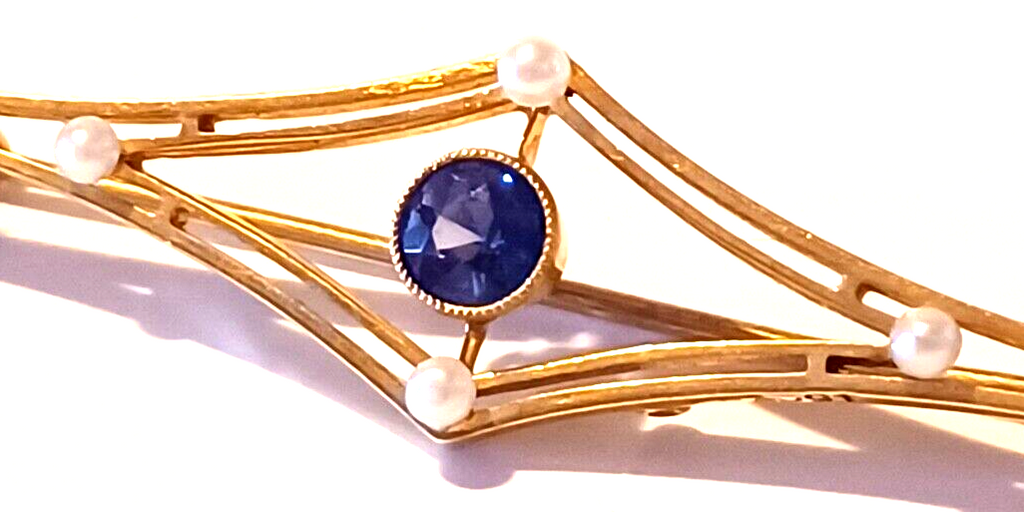 Antique Tanzanite Seed Pearl & 14k Yellow Gold Brooch image 2