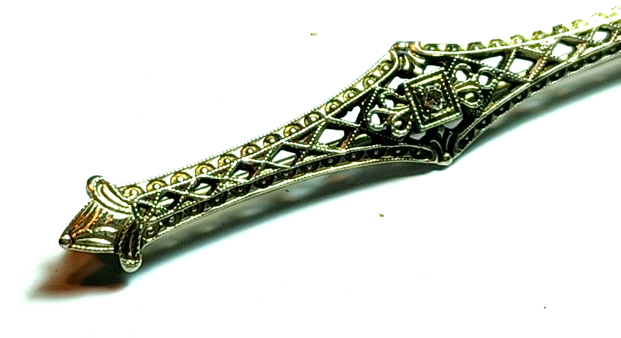 Antique Victorian Diamond Filigree 10K White Gold Bar Pin image 3