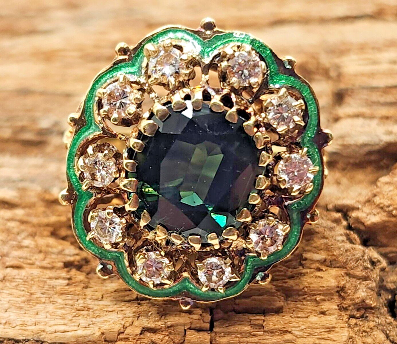 Green Zircon, Diamond Halo & Enamel Scroll Fleur-de-Lis 14k Gold Cocktail Ring image 6