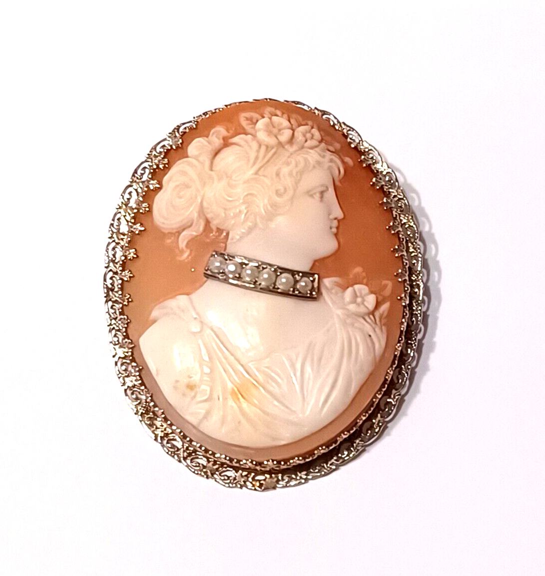 Gorgeous Victorian Shell Cameo & 14K White Gold Brooch ~ Cameo w/ Pearl Choker image 0