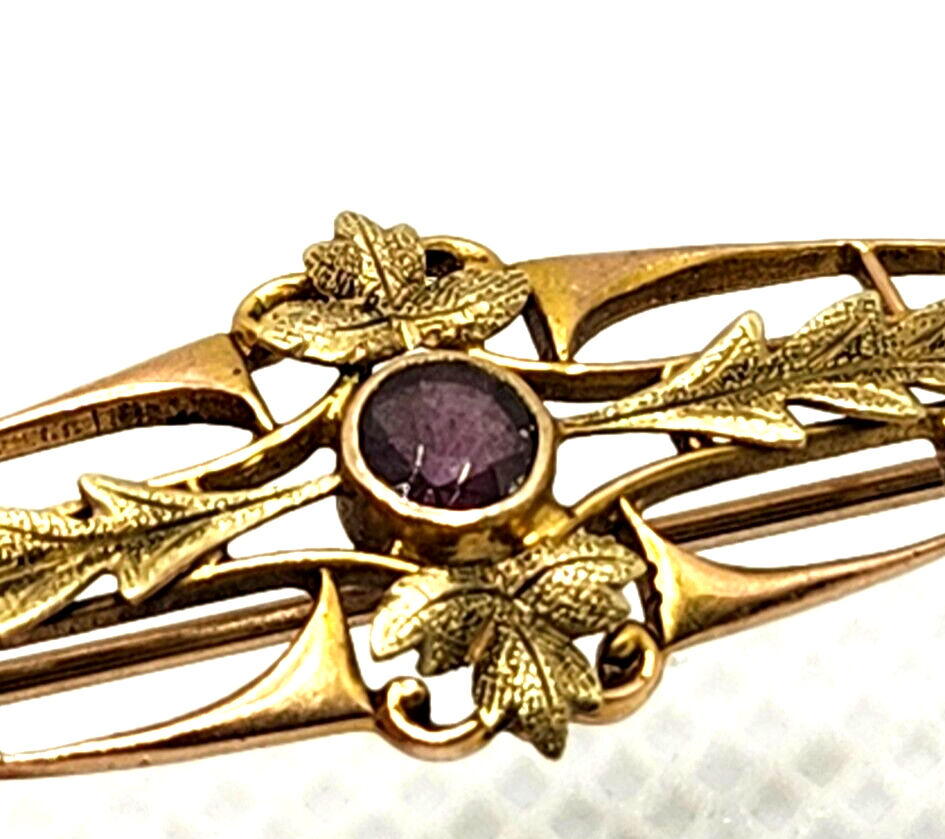 Antique Edwardian 10k Yellow Gold Amethyst Bar Pin image 2
