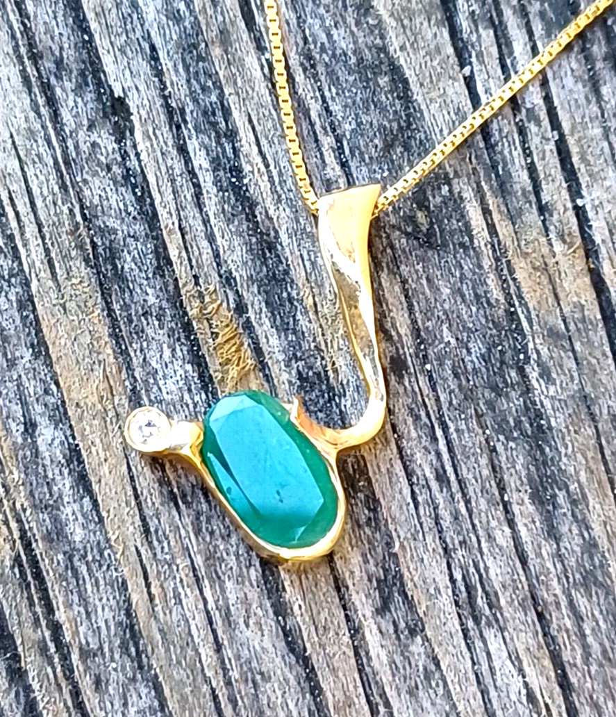 Estate Custom 1.65ctw Emerald & Diamond 14k Gold Pendant w/ Box Chain image 1