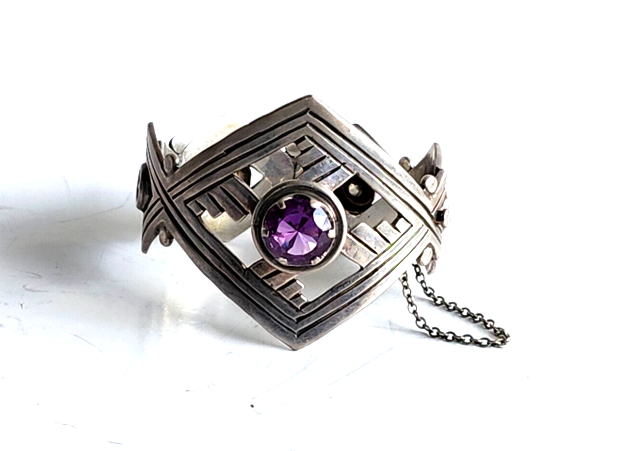 Vintage Taxco Mexico Sterling & Amethyst Chunky Hinged Bangle Bracelet Signed image 0