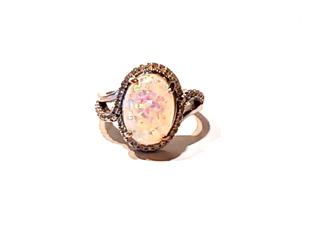 Gorgeous Crushed Opal & CZ Sterling Silver Halo Ring image 3