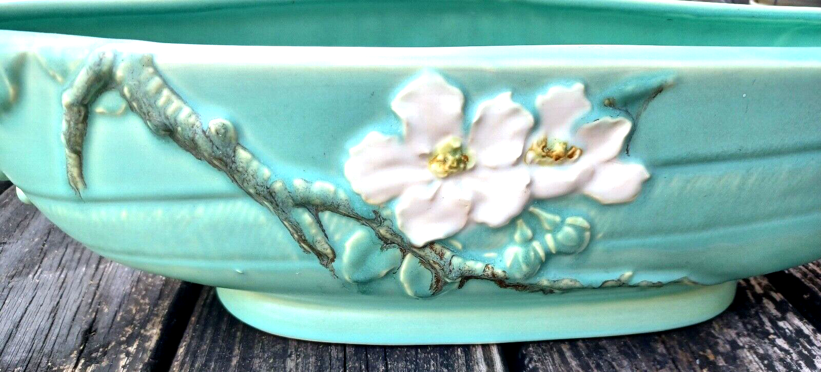 Rare Antique Weller Pottery Turquoise Wild Rose Large Oblong Planter Centerpiece image 1
