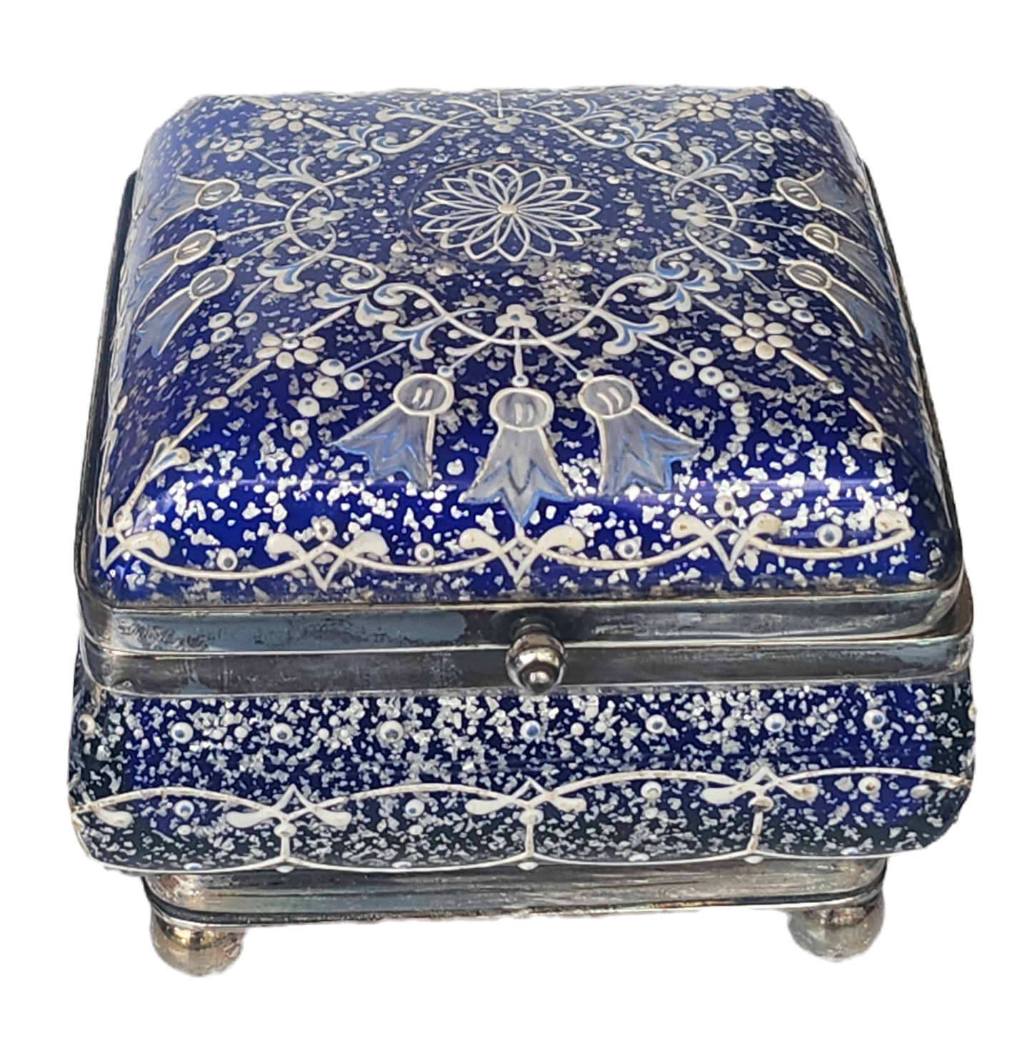 Rare Vasa Murrhina Sandwich Glass Meriden Silver Plate Blue Jewelry Box image 1