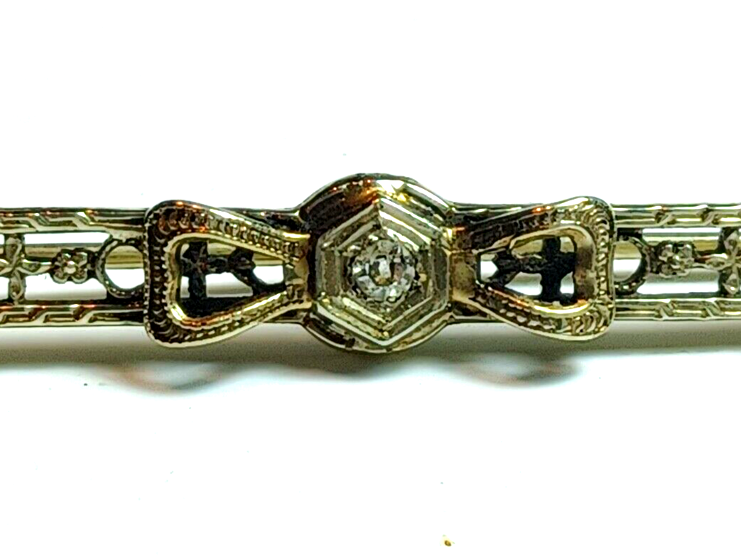 Antique Diamond Bow  & Floral 14K White Gold Bar Pin image 3