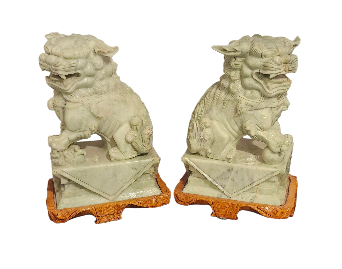 Large Pair of Vintage Carved Jade Chinese Foo Dogs with Wood Base image 0