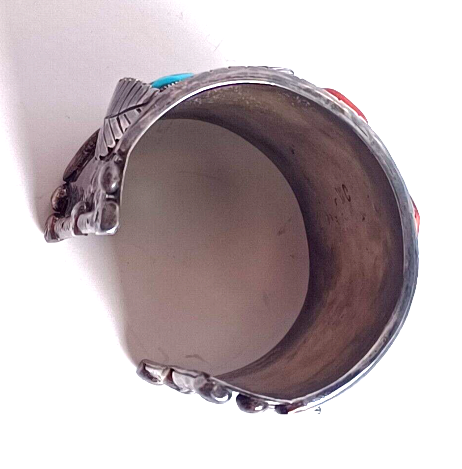 Lg Native American Green Amber Turq & Coral Sterling Cuff Bracelet Wilford Chee image 15