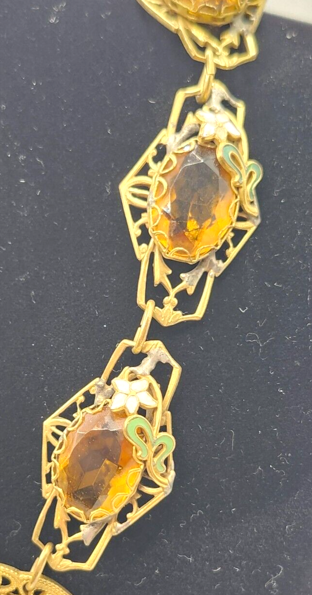 Antique Art Nouveau Enamel Czech Citrine Glass Filigree Gold Filled Necklace image 3