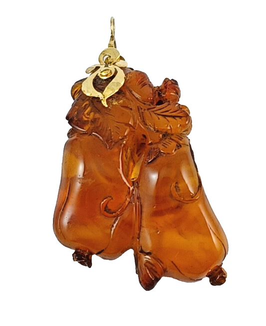 RARE One of a Kind! Large Antique Carved Butterscotch Amber & 14K Gold Pendant image 0