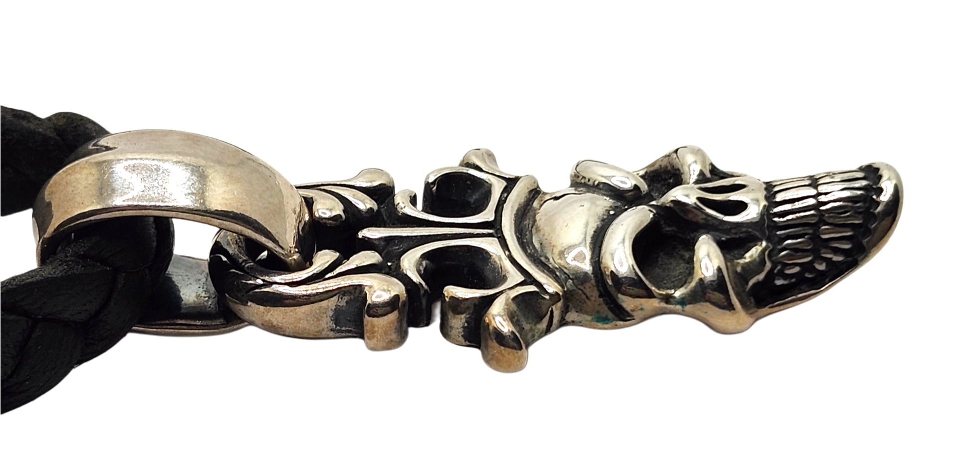 BWL Bill Wall Leather Sterling Large Skull w/ Crown Pendant on Braided Necklace image 3