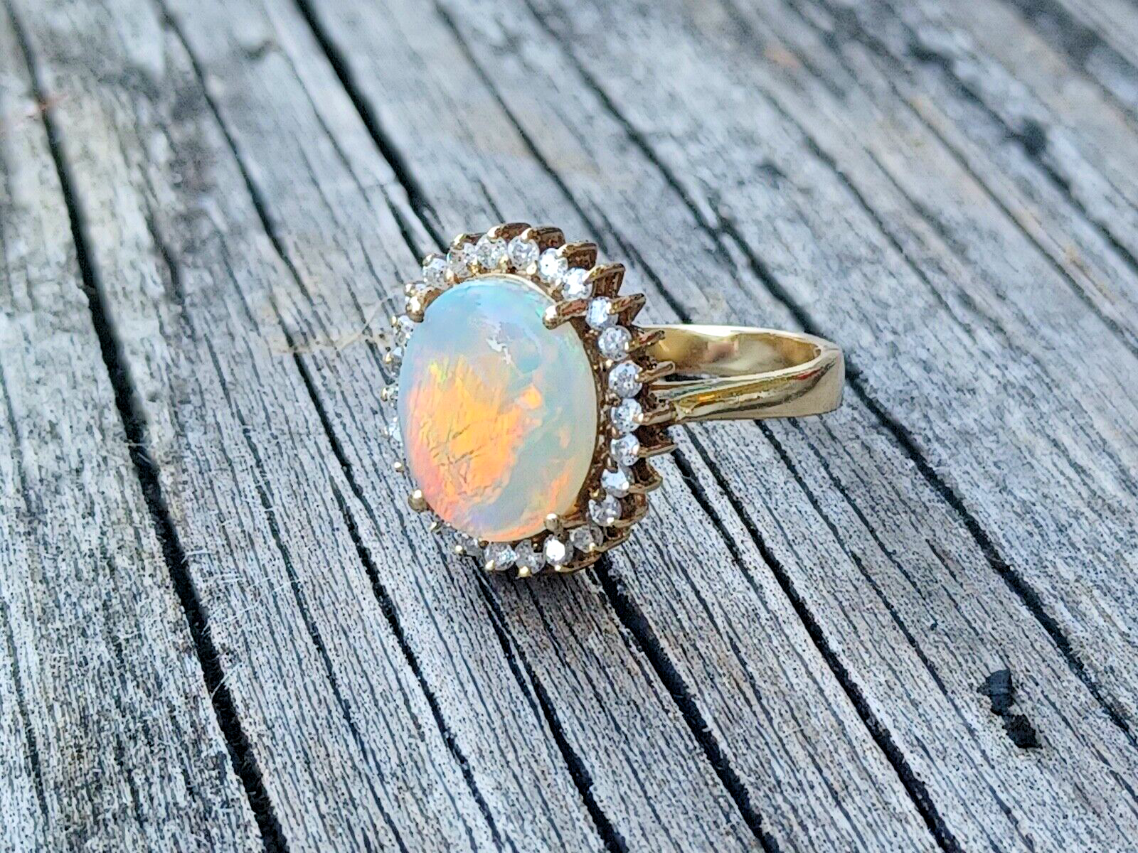 Natural Fire Opal & Diamond Halo 14K Yellow Gold Ring image 4
