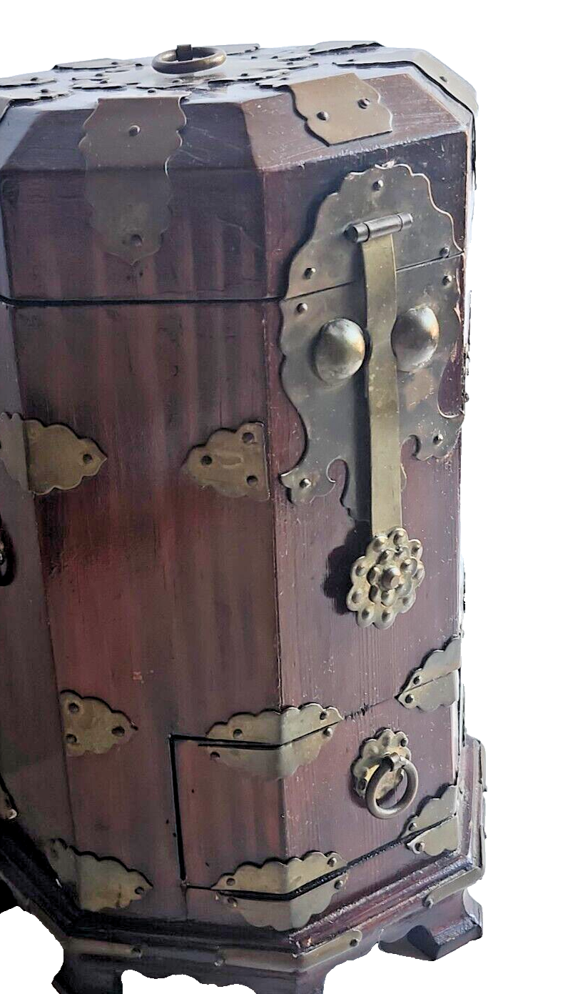 Antique Chinese Brass & Wood Hexagonal Tea Caddy image 1