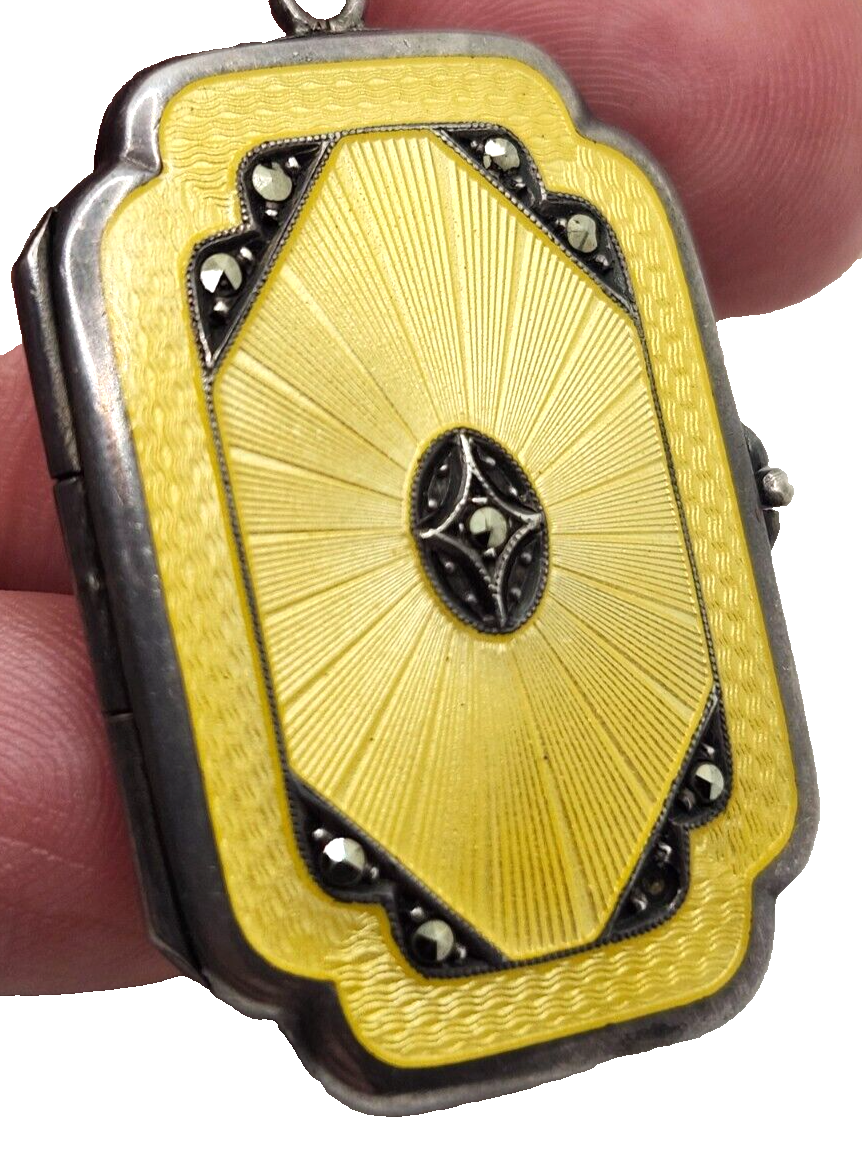 Antique Sterling Silver Guilloche Enamel Long Link Chain w/ Matching Locket image 7