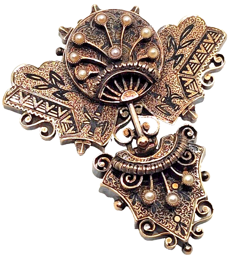 Antique Victorian 1800's Seed Pearl Enamel & 14k Gold Bar Brooch or Pendant image 2