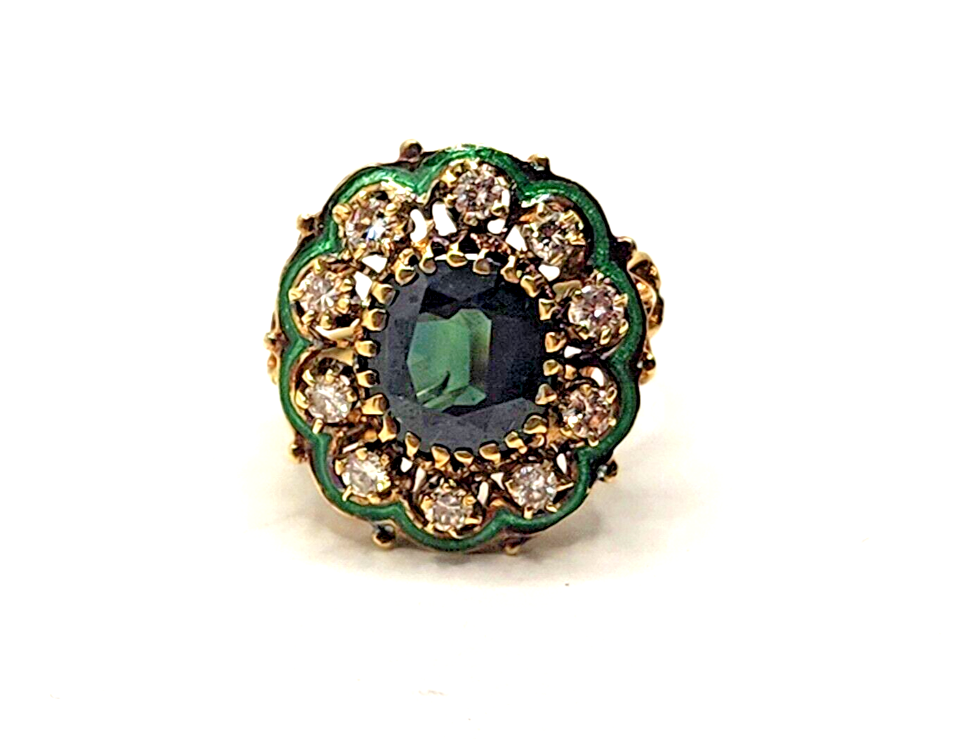 Green Zircon, Diamond Halo & Enamel Scroll Fleur-de-Lis 14k Gold Cocktail Ring image 1