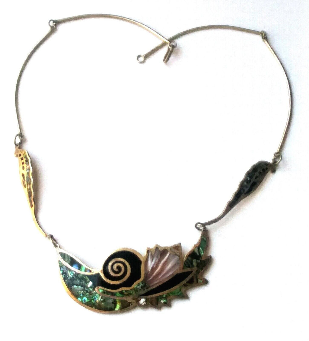 Vintage Artisian Mexico Sterling Silver Abalone Onyx & MOP Necklace by Nia image 0