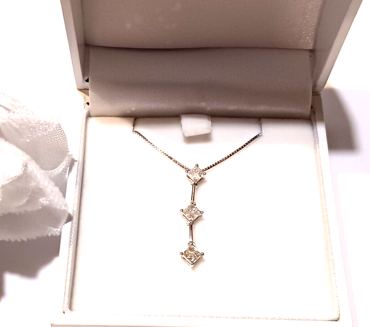 1.2CT Princess 3 Stone Diamond 14K Pendant w/ 14K White Gold Box Chain image 6