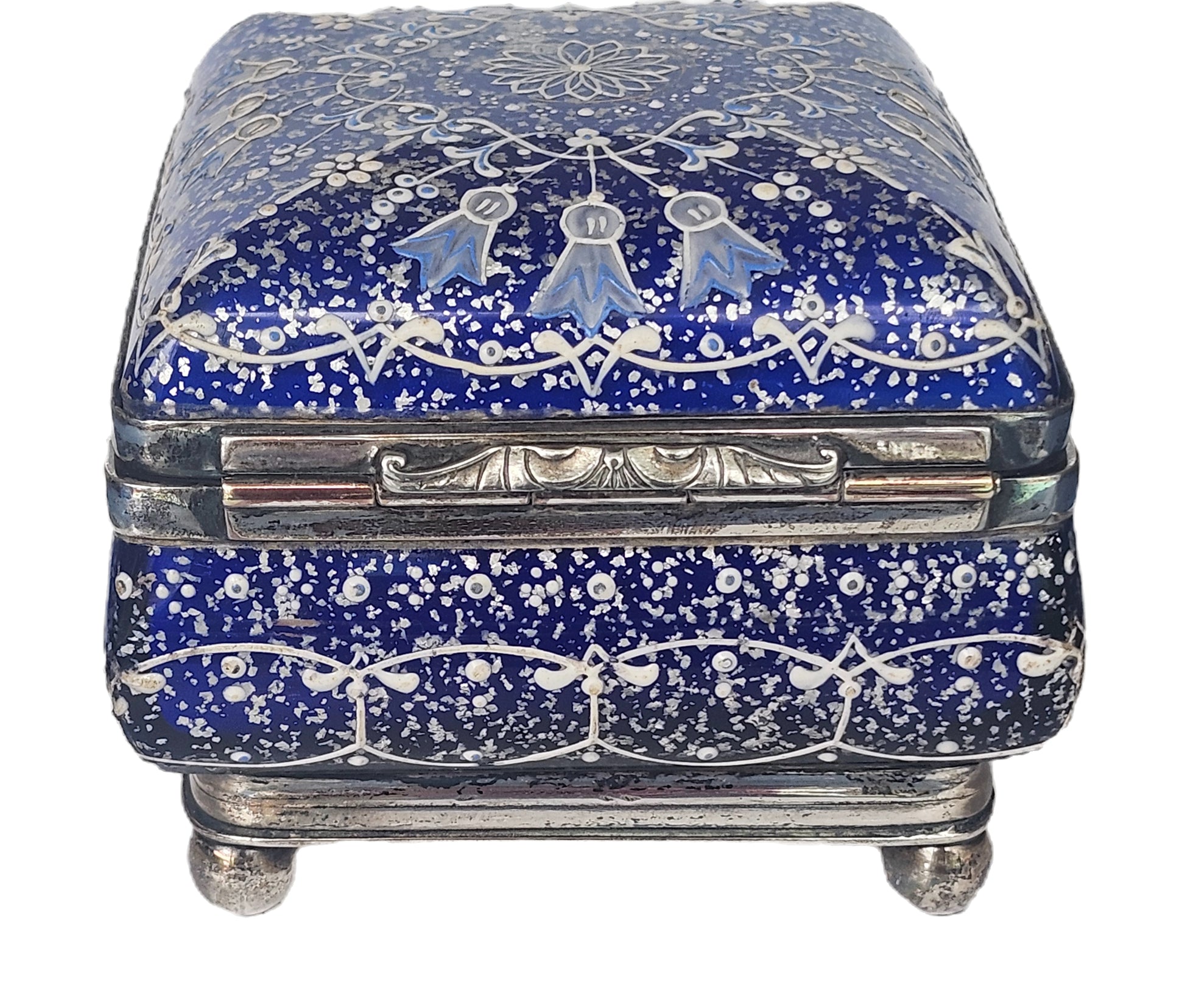 Rare Vasa Murrhina Sandwich Glass Meriden Silver Plate Blue Jewelry Box image 4