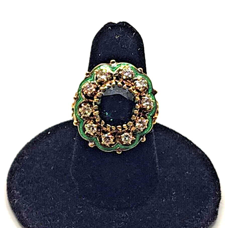 Green Zircon, Diamond Halo & Enamel Scroll Fleur-de-Lis 14k Gold Cocktail Ring image 8