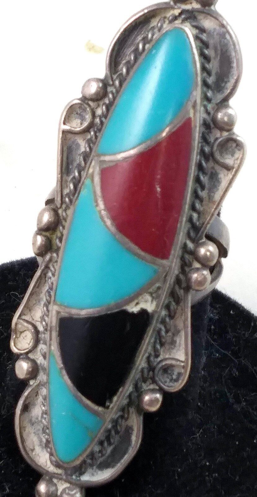 Vintage Navajo Long Sterling Turquoise Onyx & Coral Inlaid Ring Signed MT image 1