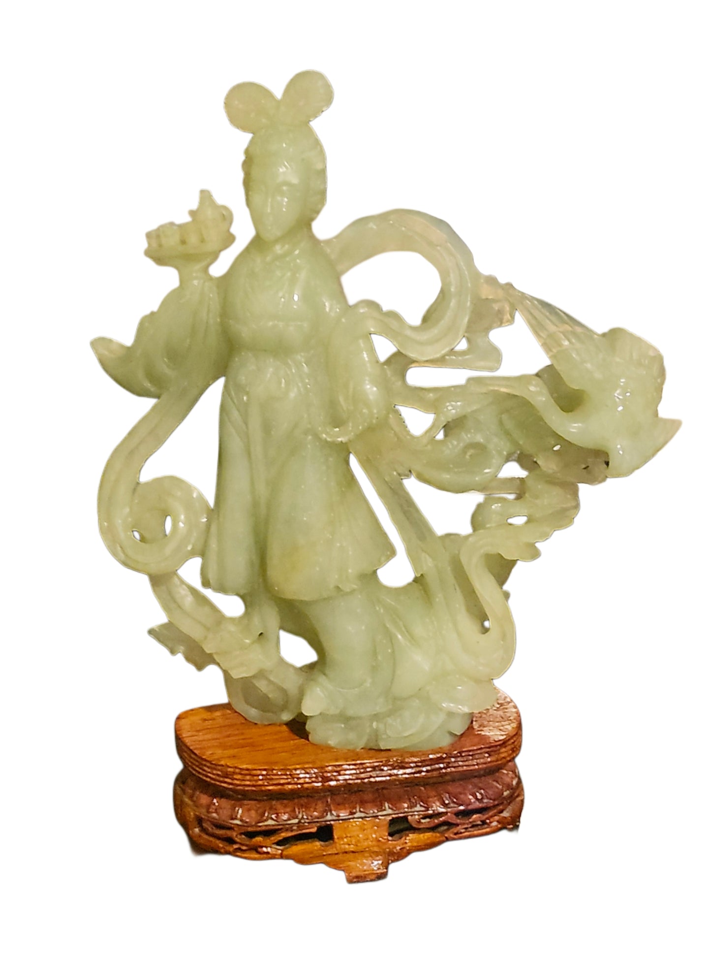 Vinatge Carved Chinese Jade Kwan Yin Geisha Statue w/ Wood Base image 1