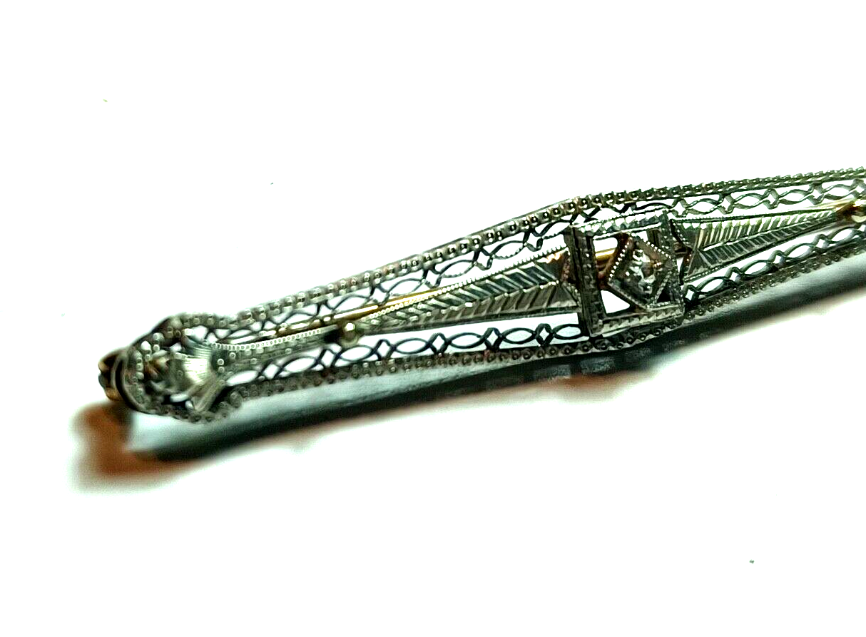 Antique Victorian .10ct Diamond Filigree Two Tone 14K Gold Bar Pin image 3