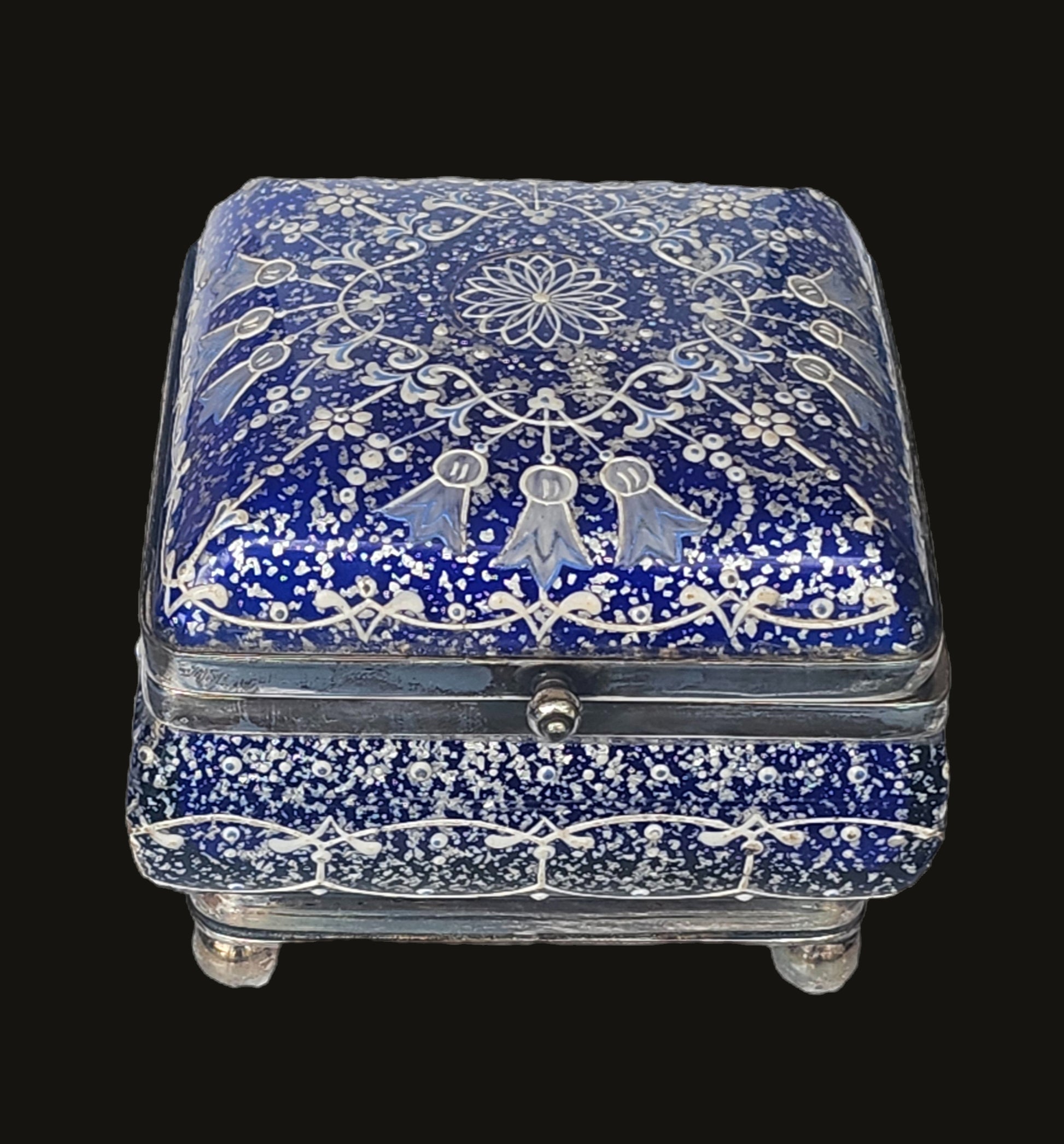 Rare Vasa Murrhina Sandwich Glass Meriden Silver Plate Blue Jewelry Box image 3