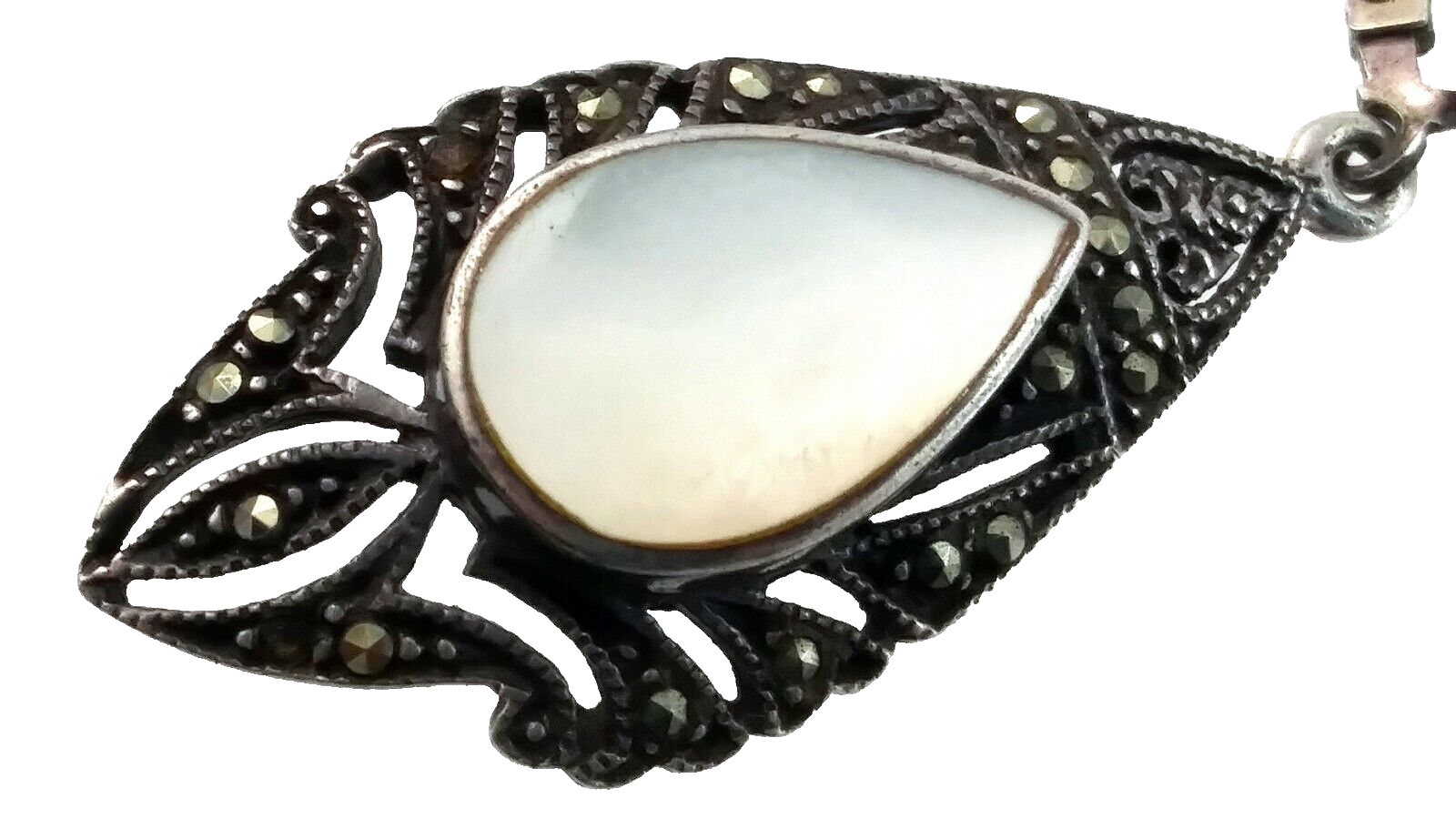 Vintage Antique Sterling Silver Marcasite & Mother of Pearl Dangle Drop Earrings image 2