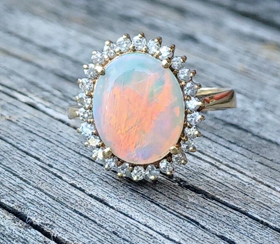 Natural Fire Opal & Diamond Halo 14K Yellow Gold Ring image 3