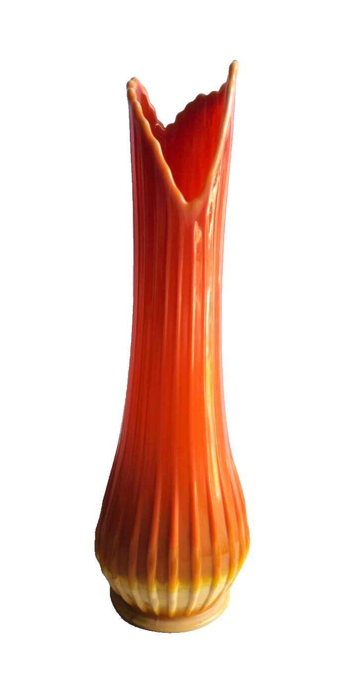 Mid Century LE Smith Bittersweet Orange Swung Glass Ribbed Vase image 0