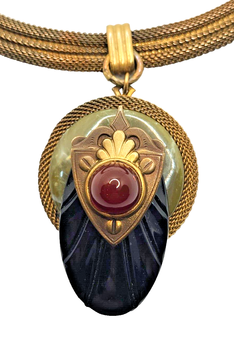 Vintage Patrice Black Onyx Carnelian & Green Agate Pendant Necklace image 3