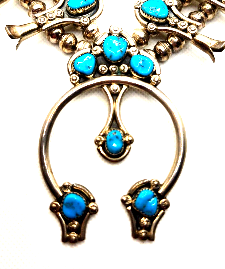 Native American CM Yazzie Turquoise & Sterling Silver Squash Blossom Necklace image 2