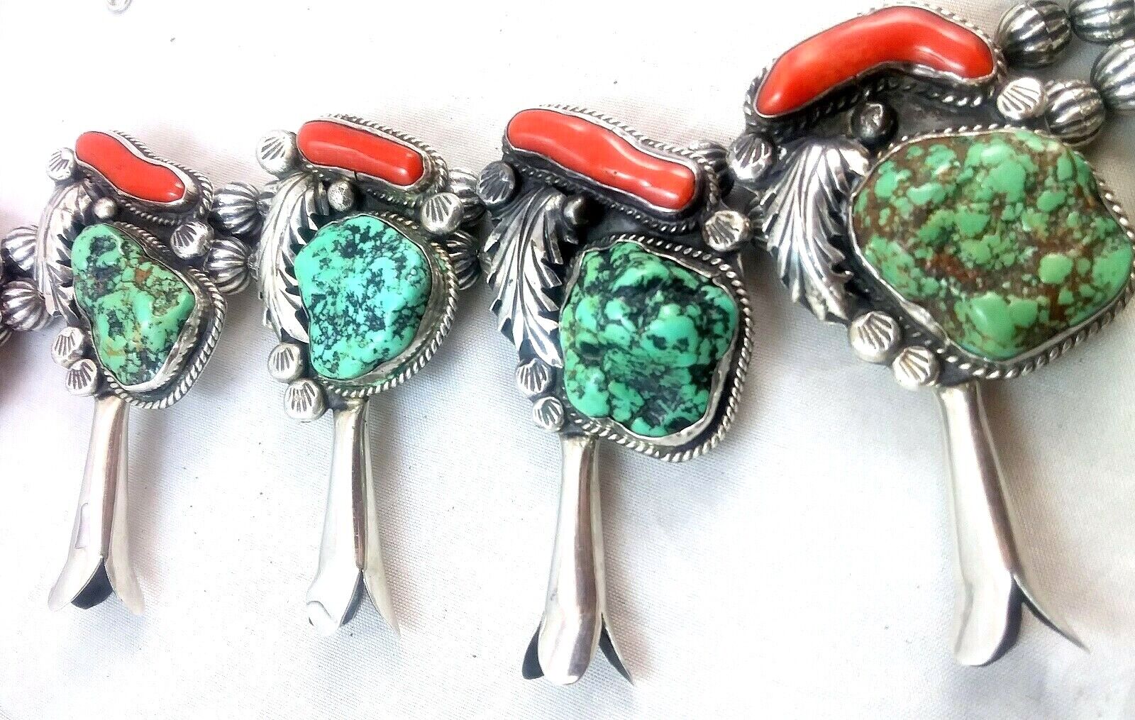 Native American Signed Squash Blossom Turquoise Coral & Sterling Silver Necklace image 3