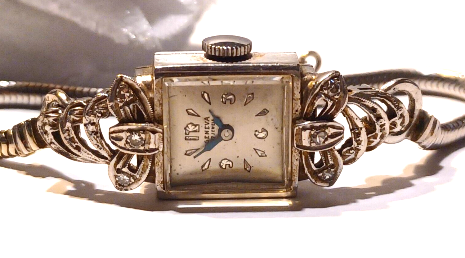 Antique Diamond Ladies Geneva 17J Manual Wind 14K White Gold Watch & Band image 2