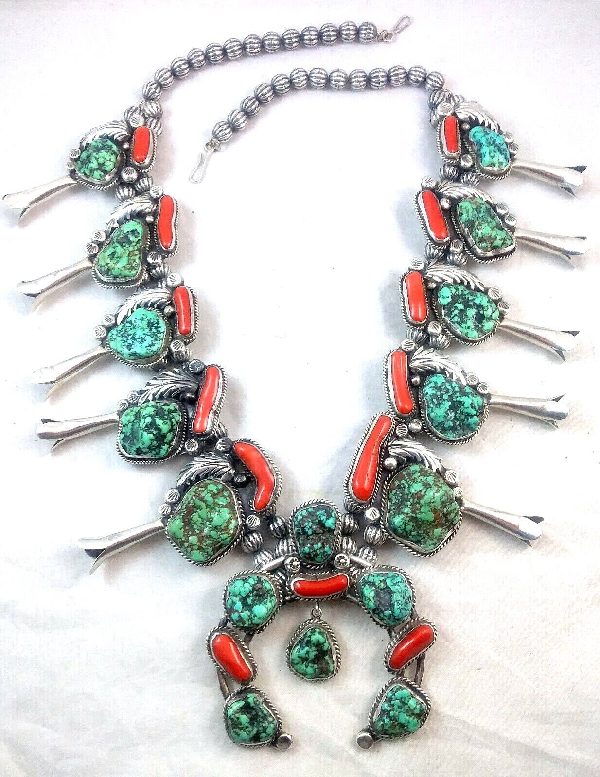 Native American Signed Squash Blossom Turquoise Coral & Sterling Silver Necklace image 4