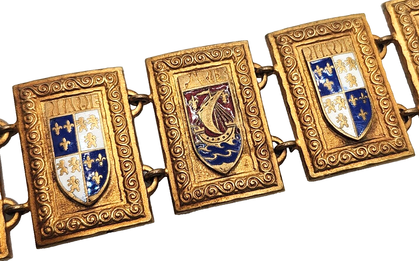 Vintage 1940s WWII French 7 Panel Coat of Arms Enamel Normandie Shield Bracelet image 2