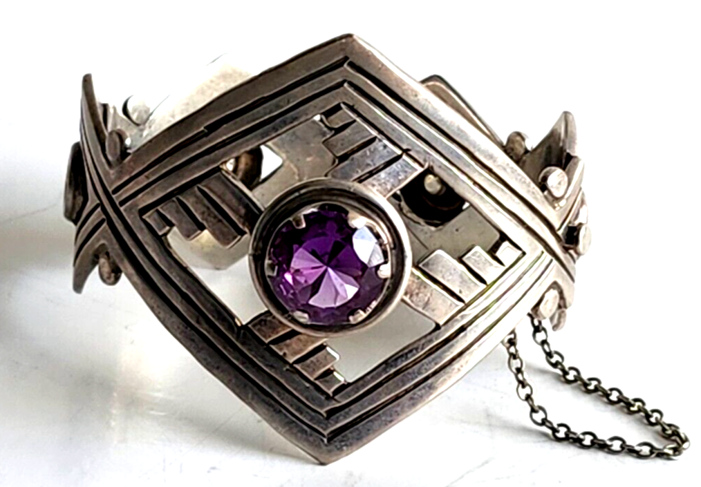 Vintage Taxco Mexico Sterling & Amethyst Chunky Hinged Bangle Bracelet Signed image 1